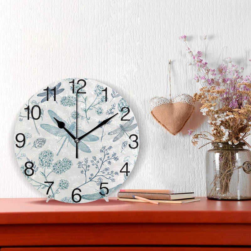 senya Blue Dragonfly Round Wall Clock, Silent Non Ticking Oil Painting Decorative for Home Office School Clock Art - Image 2
